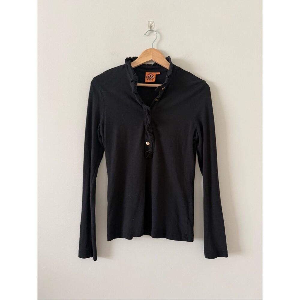 Tory Burch Black Long-Sleeve Ruffle Collar Henley Size M